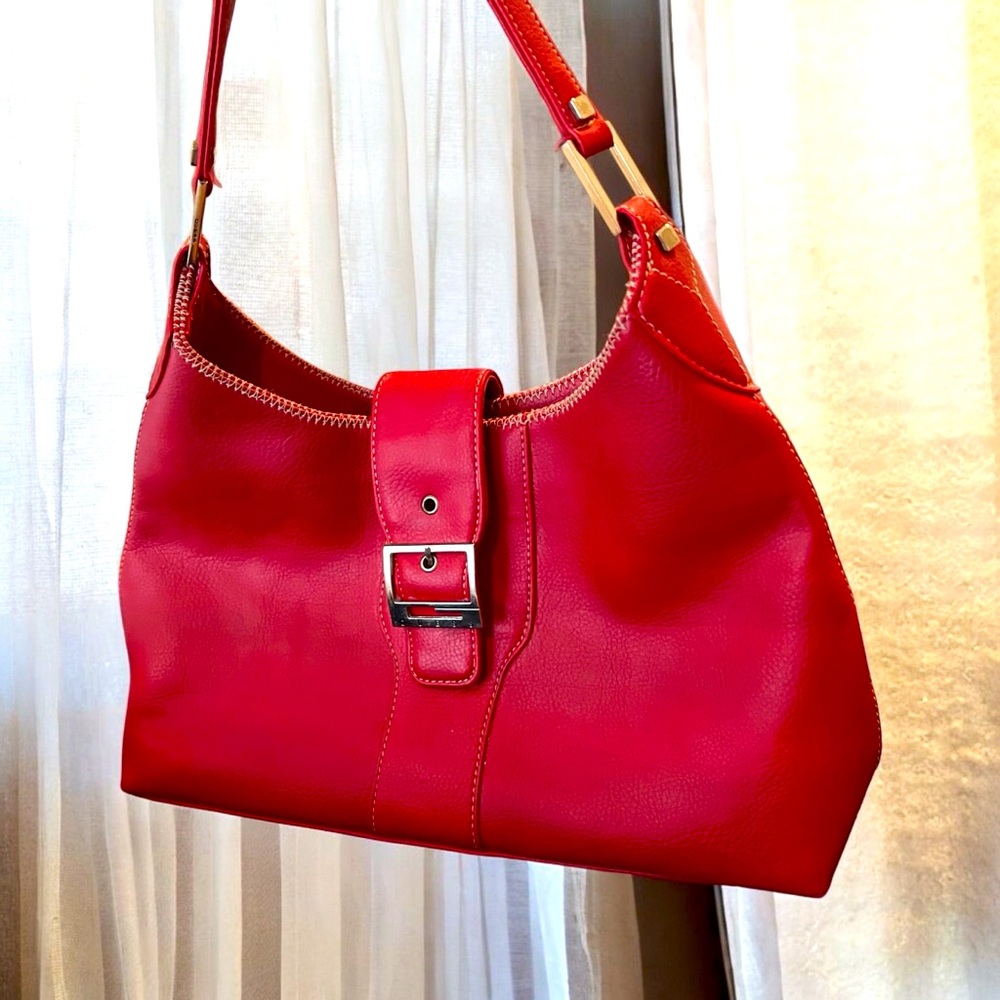 Guess Shoulder Bag, Red, silver hardware, white stitching accent